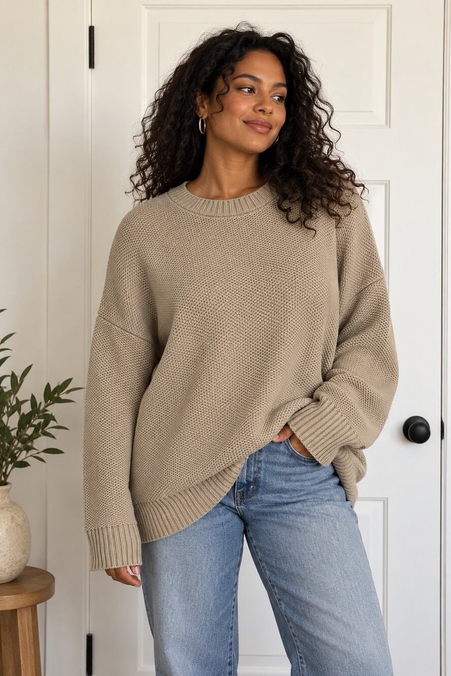 Everlane Oversized Textured Knit Crewneck Sweater XXL Taupe Minimalist ✨